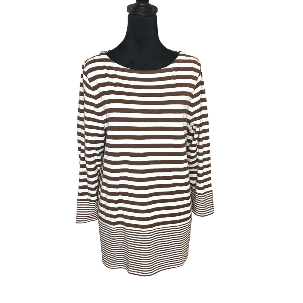J. Jill 3/4 Sleeve‎ Boat Neck Striped Tee Brown White Women's Medium Preppy